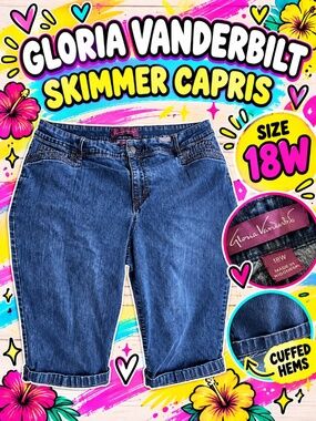 Gloria Vanderbilt Skimmer Denim Capris • Women’s 18W • Cuffed Blue Jeans